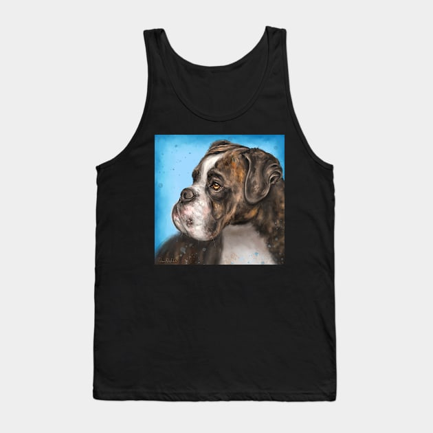 Painting of a Brindled Brown and White Boxer Dog Look to the Side on Blue Background Tank Top by ibadishi